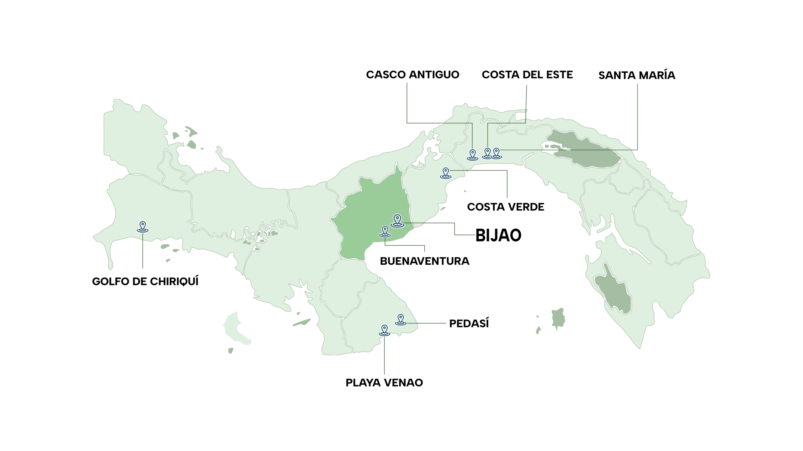 Mapa de Panamá en color verde, enfatizando la ubicación de Bijao